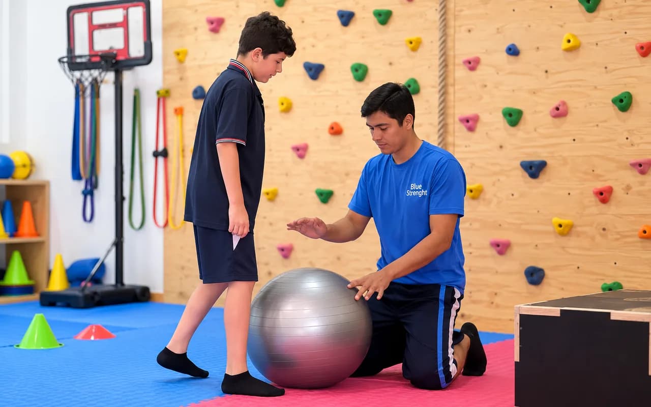 Un entrenador de Blue Strenght, arrodillado junto a un balón de ejercicio, acompaña a un niño en un gimnasio con muro de escalada.